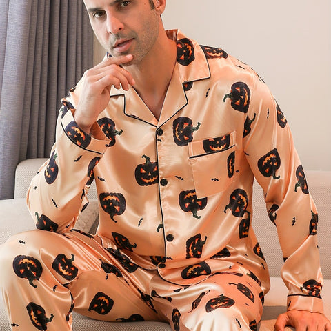 2 Pcs Men's Cute Pumpkin Print Lapel Long Sleeve & Trousers Pajama Set, Comfortable & Skin-friendly Style Pajamas For Men's Cozy Loungewear