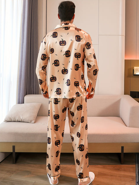 2 Pcs Men's Cute Pumpkin Print Lapel Long Sleeve & Trousers Pajama Set, Comfortable & Skin-friendly Style Pajamas For Men's Cozy Loungewear