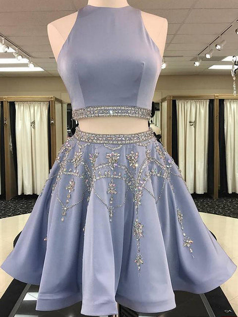 2024 A-Line Neck Sleeveless Cut Two Piece Mini Homecoming Dresses Cut Short Prom Dress