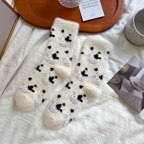 1/3 Pairs Of Cute Cow Green Tree Pattern Winter Socks, Comfortable, Warm, Thick And Fluffy Socks