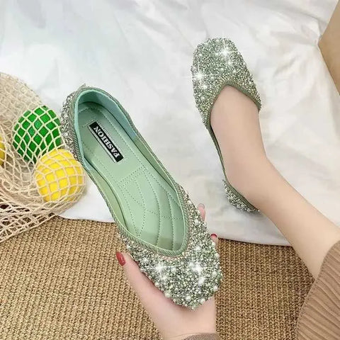 Dress Shoes Sparkling crystal pearl studded ballet shoes womens square toes sliding on a comfortable sofa light cut ballet dancer flat model female XW6.5