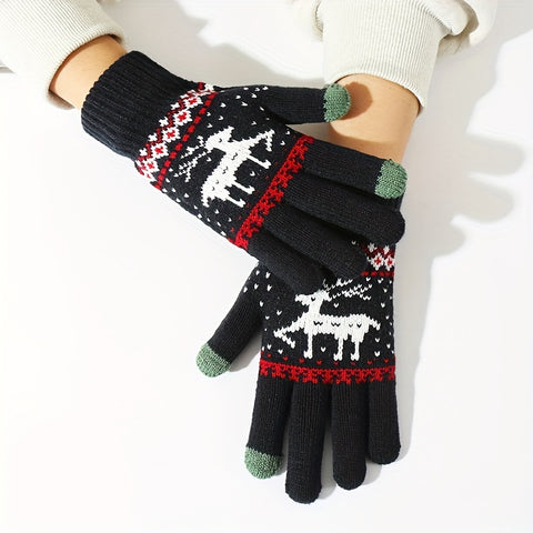 Christmas Reindeer Jacquard Knit Gloves Unisex Thick Warm Touchscreen Gloves Autumn Winter Casual Outdoor Coldproof Riding Gloves