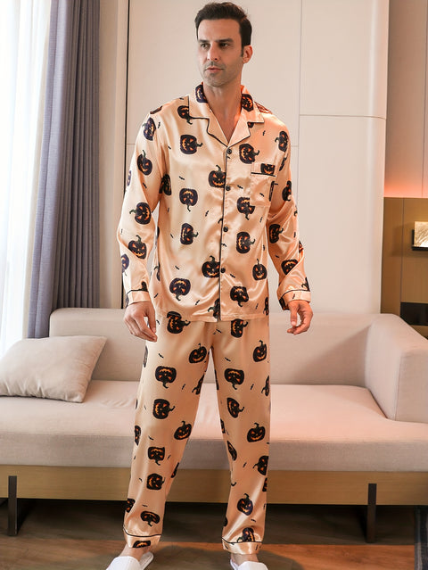 2 Pcs Men's Cute Pumpkin Print Lapel Long Sleeve & Trousers Pajama Set, Comfortable & Skin-friendly Style Pajamas For Men's Cozy Loungewear