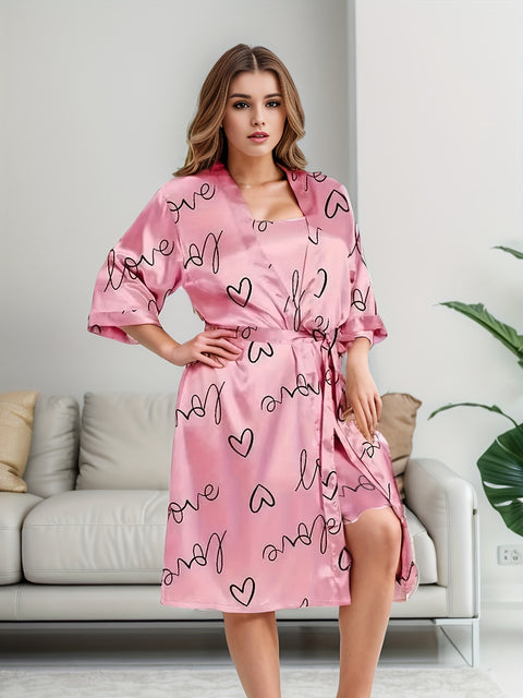 2-Piece Plus Size Elegant Bathrobe Set - Luxurious Satin Heart & Letter Print Open Front Robe and Cami Nightgown Loungewear for Women - Soft, Cozy, and Comfortable