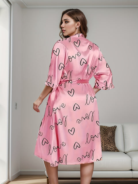 2-Piece Plus Size Elegant Bathrobe Set - Luxurious Satin Heart & Letter Print Open Front Robe and Cami Nightgown Loungewear for Women - Soft, Cozy, and Comfortable