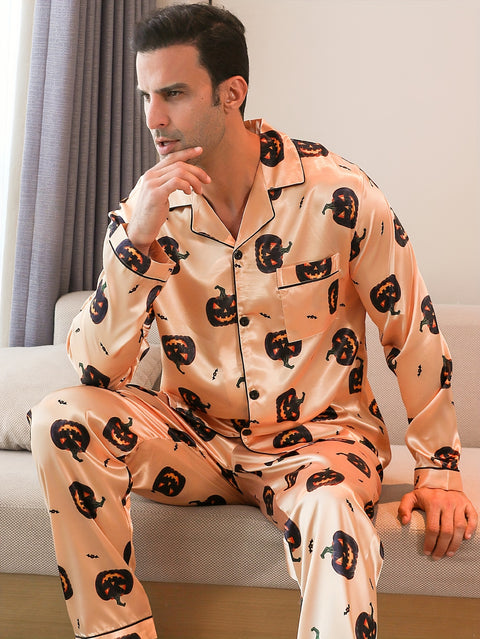 2 Pcs Men's Cute Pumpkin Print Lapel Long Sleeve & Trousers Pajama Set, Comfortable & Skin-friendly Style Pajamas For Men's Cozy Loungewear