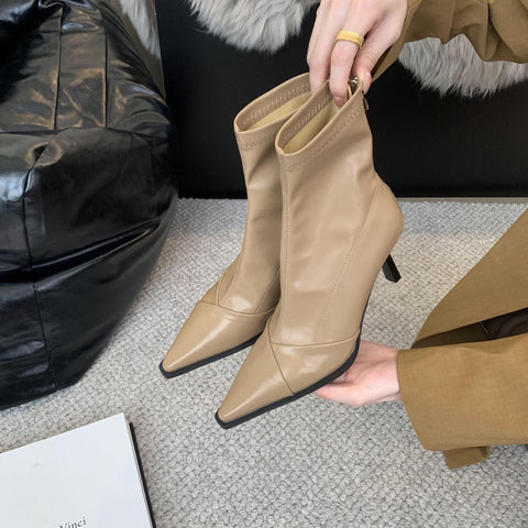 2025  High-heeled short boots women's popular autumn and winter new Korean version versatile Internet celebrity thin boots pointed thin heel white short boots