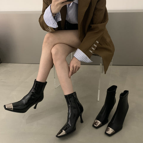 2025  Metal head short boots women's square head thin heels high heels bare boots popular autumn and winter new elastic boots soft leather thin boots