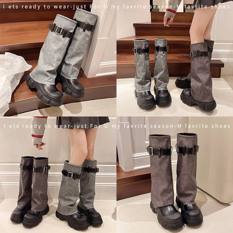 2025  Giant legs long~ round head thick-soled British style popular new knee thick heel boots