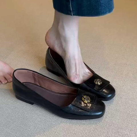 2025  Retro  camellia simple one-pedal Mary Jane shoes women's shallow mouth flat-soled single shoes