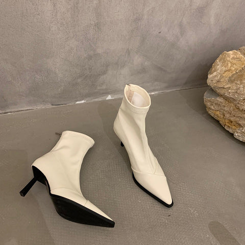 2025  High-heeled short boots women's popular autumn and winter new Korean version versatile Internet celebrity thin boots pointed thin heel white short boots