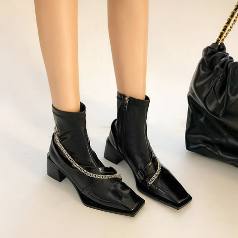 2025  popular new niche design square head thick heel short boots women's chain Martin boots fried street elastic thin boots