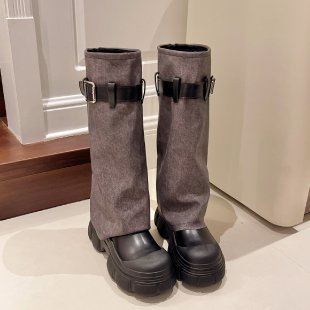 2025  Giant legs long~ round head thick-soled British style popular new knee thick heel boots