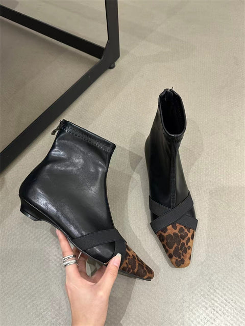 2025  Niche design splicing short boots popular autumn and winter new square head inner height increasing fashion boots retro fashion thin boots