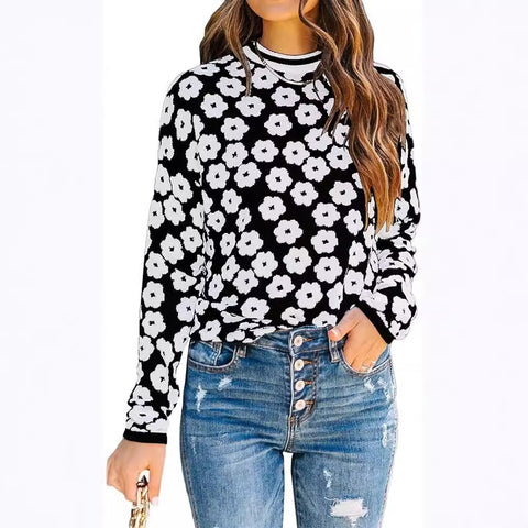 's new autumn and winter women's knitted printed sweater medium round neck pullover long-sleeved shirt Baita fashion flower top