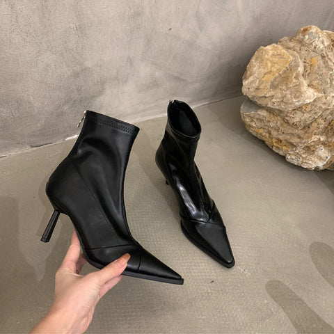 2025  High-heeled short boots women's popular autumn and winter new Korean version versatile Internet celebrity thin boots pointed thin heel white short boots