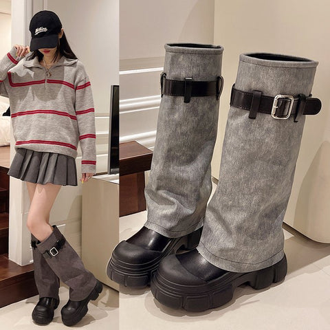 2025  Giant legs long~ round head thick-soled British style popular new knee thick heel boots