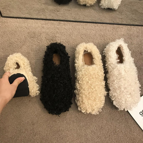 2025  Plush warm fluffy shoes women's popular winter flat-bottomed outer wear one pedal Doudou single shoes cotton shoes laden shoes