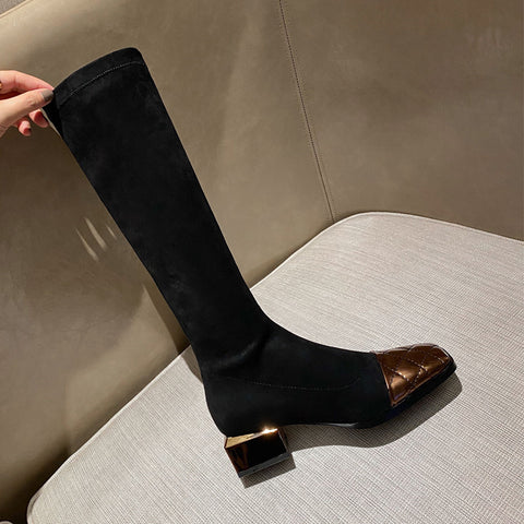 2025  Popularan Station popular Autumn and Winter Elastic Boots Square Head Tall Fashion Boots Women's Middle Heel Splicing Knee Boots Coarse Heel Boots Women's