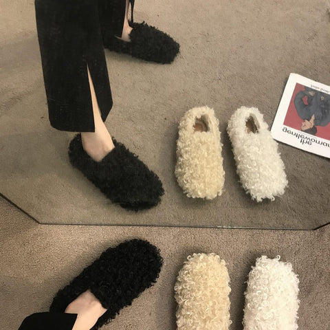 2025  Plush warm fluffy shoes women's popular winter flat-bottomed outer wear one pedal Doudou single shoes cotton shoes laden shoes