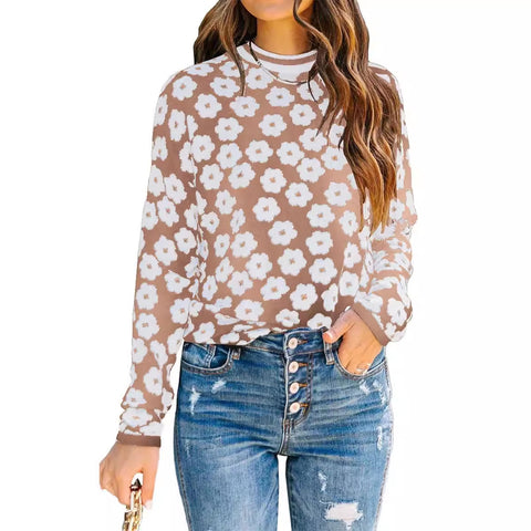 's new autumn and winter women's knitted printed sweater medium round neck pullover long-sleeved shirt Baita fashion flower top