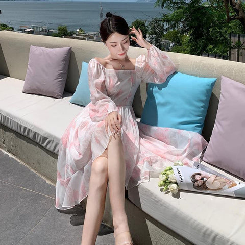 2025 Sweet Fairy Birthday Dress Bubble Long Sleeve Waist Skinny Fluffy Dress Seaside Beach Trailing Dress Summer