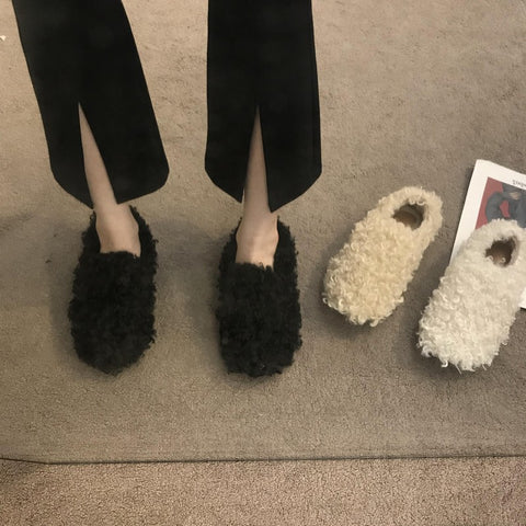 2025  Plush warm fluffy shoes women's popular winter flat-bottomed outer wear one pedal Doudou single shoes cotton shoes laden shoes