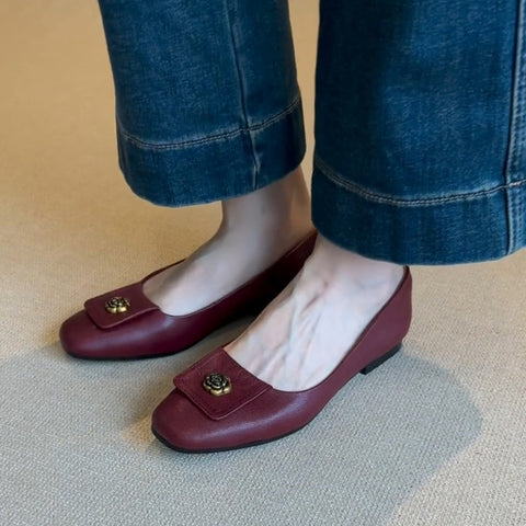 2025  Retro  camellia simple one-pedal Mary Jane shoes women's shallow mouth flat-soled single shoes