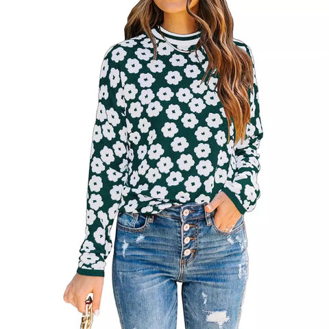 's new autumn and winter women's knitted printed sweater medium round neck pullover long-sleeved shirt Baita fashion flower top