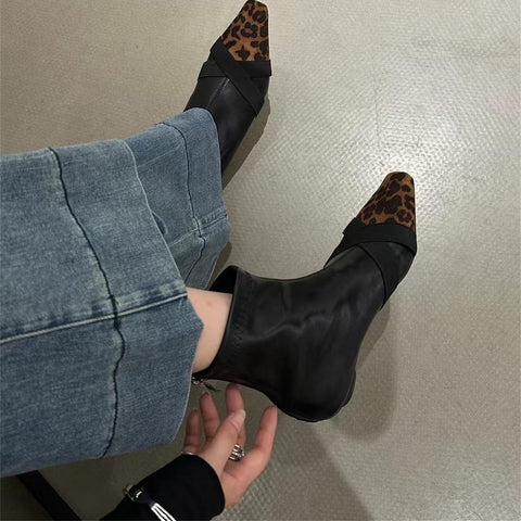 2025  Niche design splicing short boots popular autumn and winter new square head inner height increasing fashion boots retro fashion thin boots