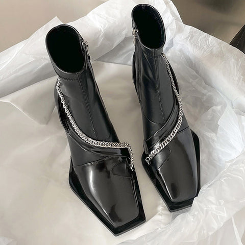 2025  popular new niche design square head thick heel short boots women's chain Martin boots fried street elastic thin boots