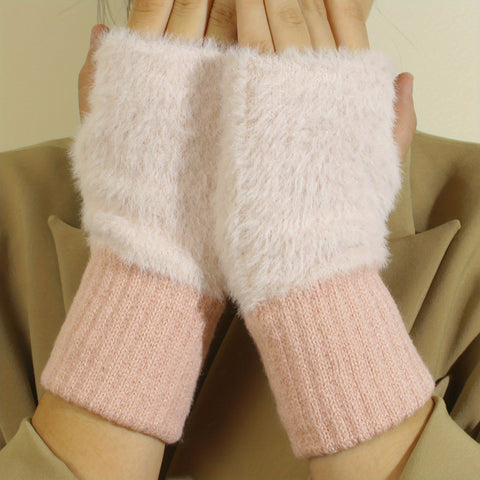 Monochrome Plush Half Finger Gloves Elegant Simple Knitted Cuff Women's Gloves Autumn Winter Coldproof Warmer Gloves