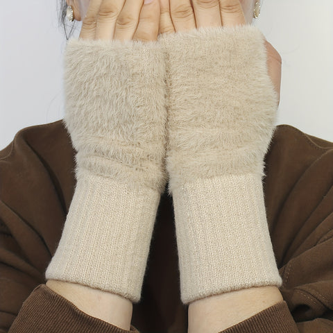 Monochrome Plush Half Finger Gloves Elegant Simple Knitted Cuff Women's Gloves Autumn Winter Coldproof Warmer Gloves