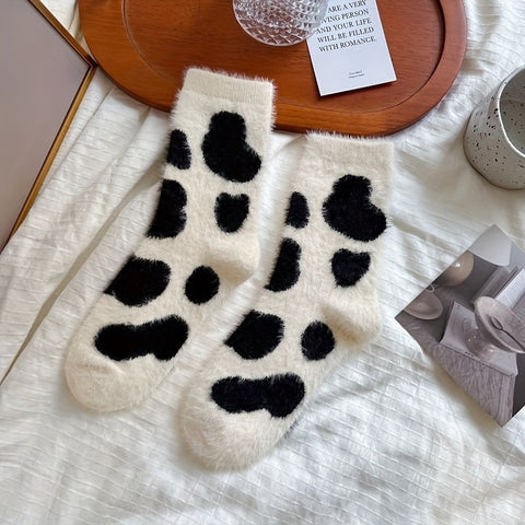 1/3 Pairs Of Cute Cow Green Tree Pattern Winter Socks, Comfortable, Warm, Thick And Fluffy Socks