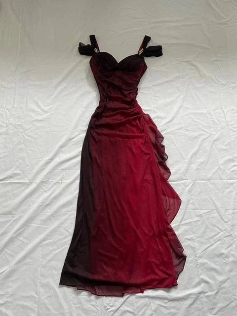 kamahe Beautiful A line Straps Ombre Red Long Chiffon Prom Dress