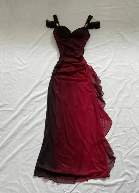 kamahe Beautiful A line Straps Ombre Red Long Chiffon Prom Dress