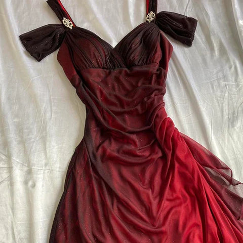 kamahe Beautiful A line Straps Ombre Red Long Chiffon Prom Dress