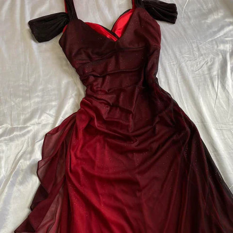 kamahe Beautiful A line Straps Ombre Red Long Chiffon Prom Dress