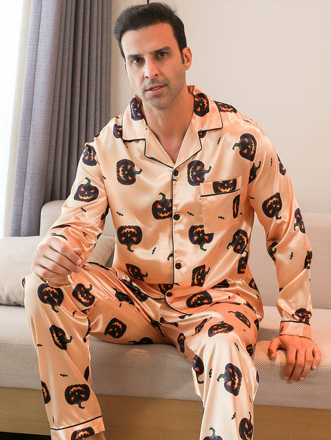 2 Pcs Men's Cute Pumpkin Print Lapel Long Sleeve & Trousers Pajama Set, Comfortable & Skin-friendly Style Pajamas For Men's Cozy Loungewear