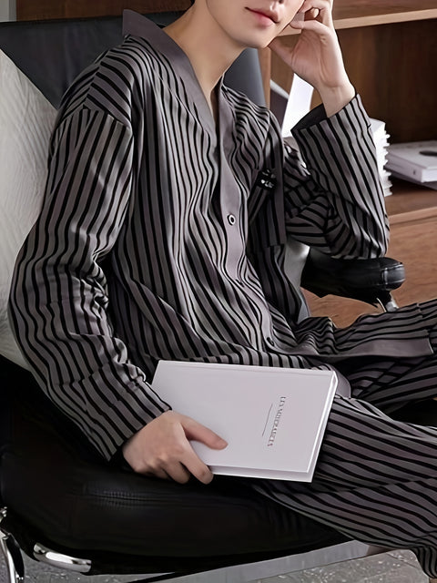 2 Pcs Men's Simple Striped V-neck Button Long Sleeve & Trousers Pajama Set, Comfortable & Skin-friendly Style Pajamas For Men's Cozy Loungewear