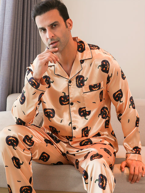 2 Pcs Men's Cute Pumpkin Print Lapel Long Sleeve & Trousers Pajama Set, Comfortable & Skin-friendly Style Pajamas For Men's Cozy Loungewear