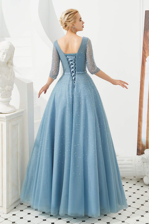 Dusty Blue V-Neck Half-Sleeve Prom Dresses Long With Beadings Lace-up