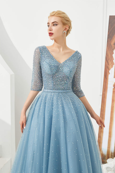 Dusty Blue V-Neck Half-Sleeve Prom Dresses Long With Beadings Lace-up