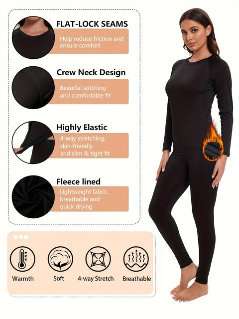 2Pcs Thermal Base Layer Set - Women's Activewear Sets - Long Sleeves Round Neck T-Shirt & Fleece Lined Thermal Underwear Pants for Cold Weather, Moisture-Wicking, Breathable, Soft and Comfortable