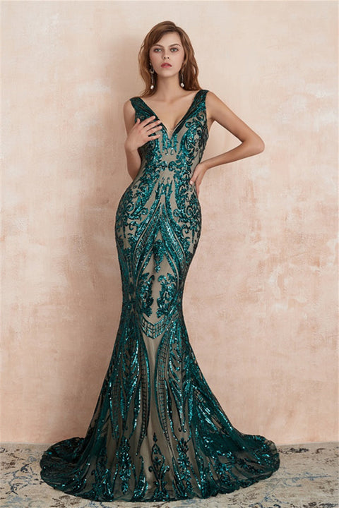 V-Neck Sequins Mermaid Sleeveless Lace-up Prom Dresses