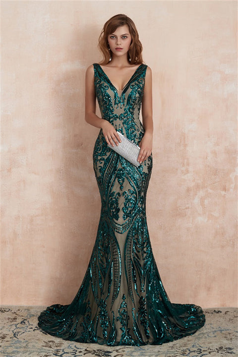 V-Neck Sequins Mermaid Sleeveless Lace-up Prom Dresses