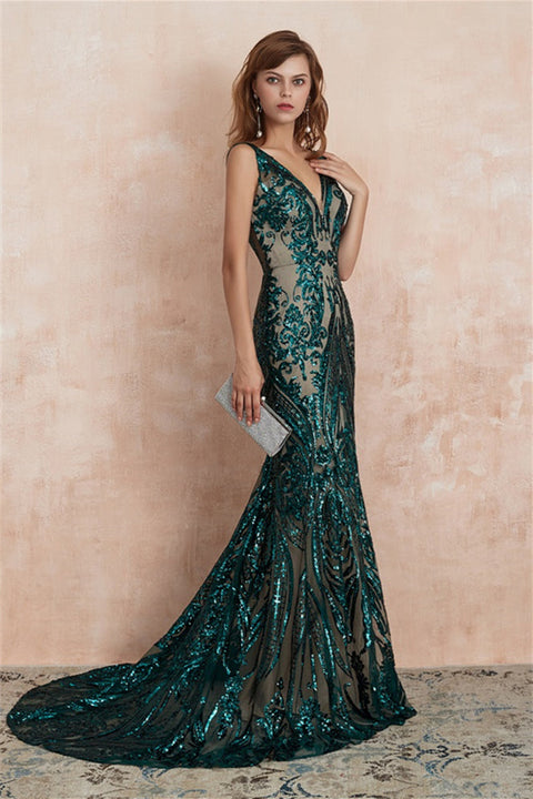 V-Neck Sequins Mermaid Sleeveless Lace-up Prom Dresses