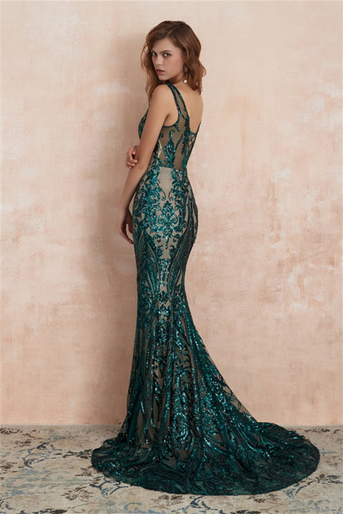 V-Neck Sequins Mermaid Sleeveless Lace-up Prom Dresses