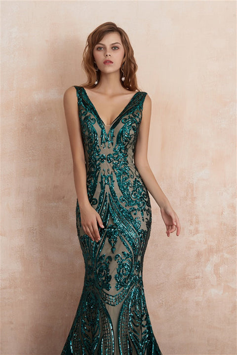 V-Neck Sequins Mermaid Sleeveless Lace-up Prom Dresses